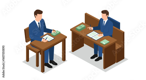 Businessmen in formal workplace setting with money exchange in isometr