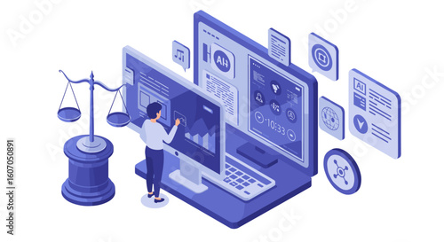 Isometric technology and legal concept with ai and digital devices