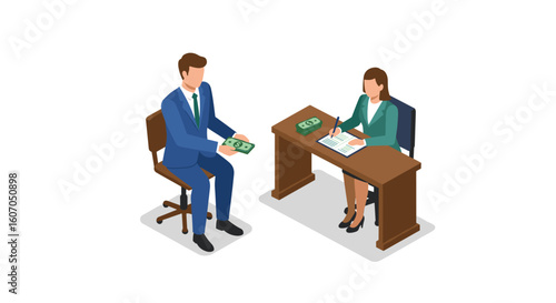 Business transaction scene: people exchanging money and documents in o