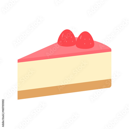 A cute, minimalist illustration of a layered strawberry cheesecake slice with a pink glaze and two berry toppings.