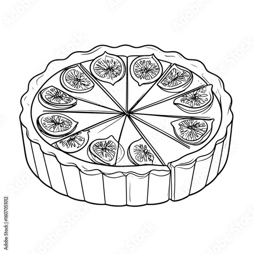 Line art illustration of a sliced fig tart with a fluted crust and one piece removed.