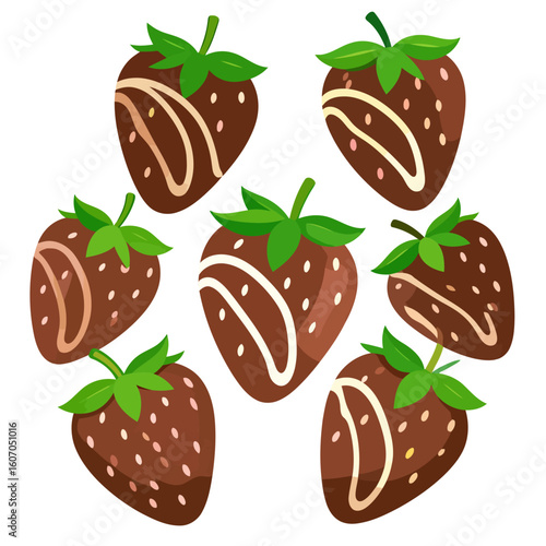 A delightful set of seven chocolate-covered strawberries with decorative white chocolate drizzle and vibrant green leaves.