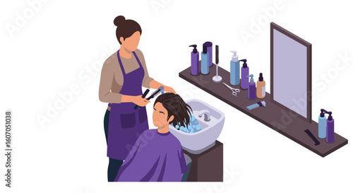 Isometric hairdresser scene: stylist washing clients hair in modern sa