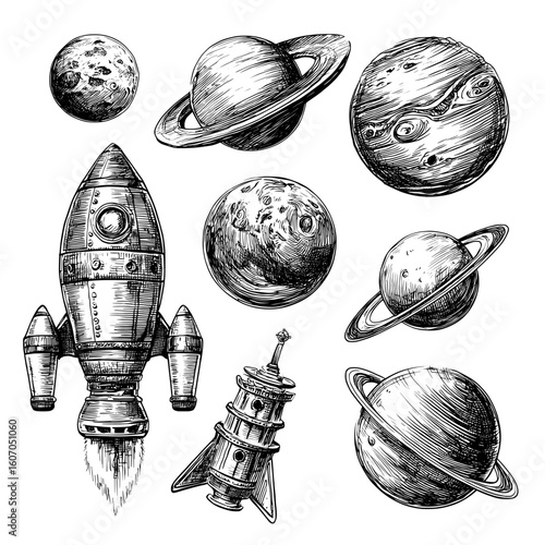 This illustration set offers a range of space-themed doodles, including astrology sketches, planetary drawings, and hand-drawn cosmic rockets in a modern style
