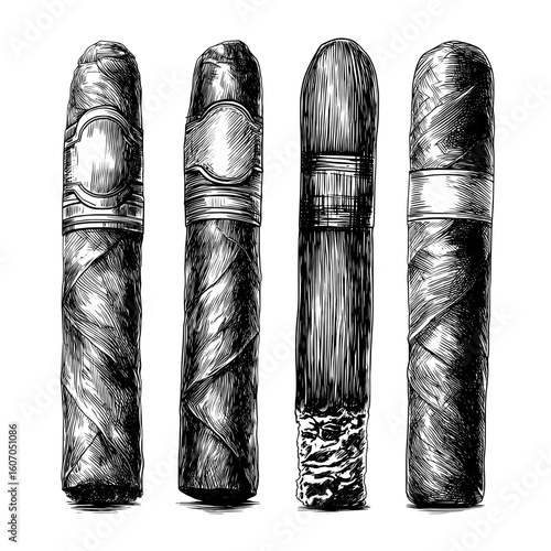 The set consists of monochrome sketch illustrations of cigars and tobacco products