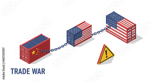 Isometric shipping containers with usa and china flags linked by chain