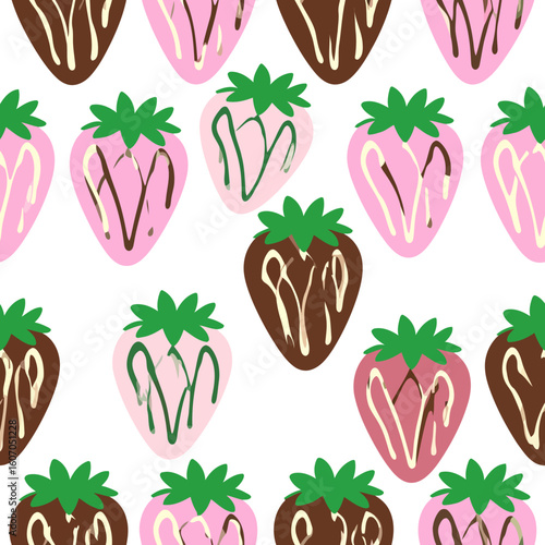 Seamless pattern of stylized pink and brown chocolate-covered strawberries with decorative drizzles and green tops.