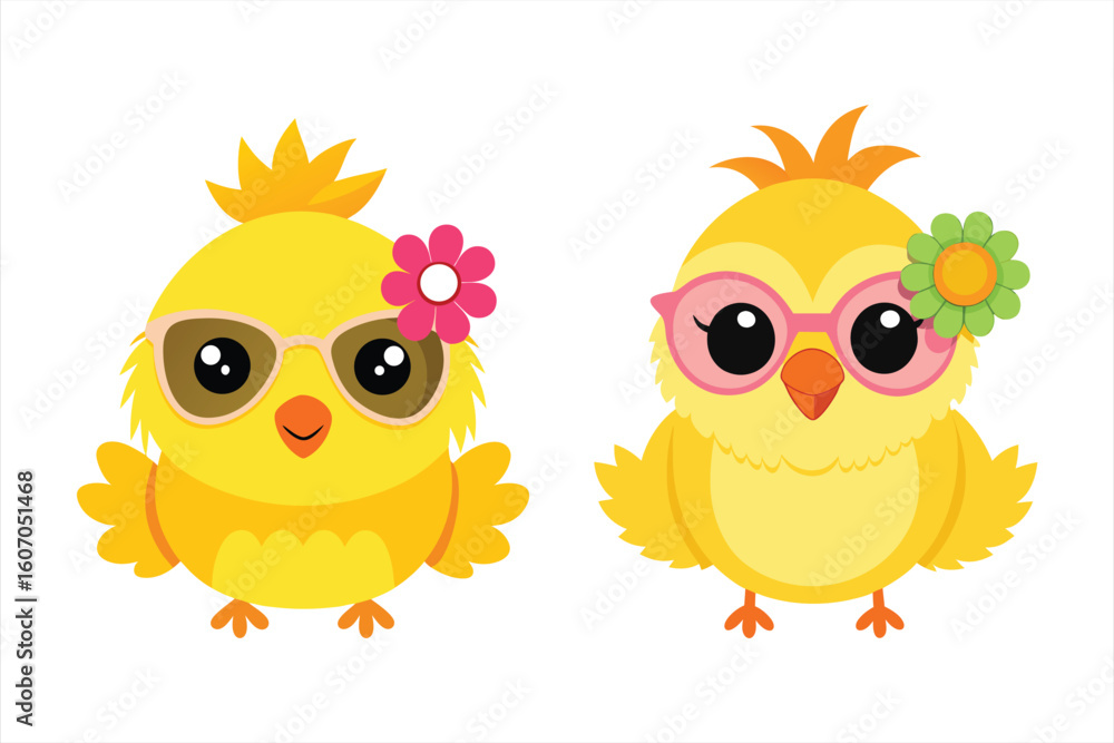 Fototapeta premium Cute cartoon chicks wearing sunglasses and flowers, isolated on a white background