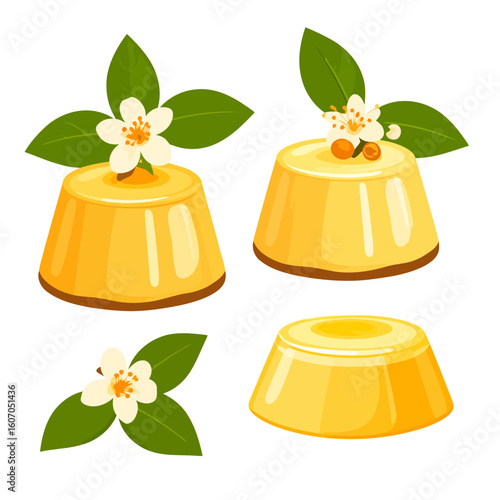 Set of glossy yellow caramel flan puddings, garnished with white orange blossoms and green leaves.