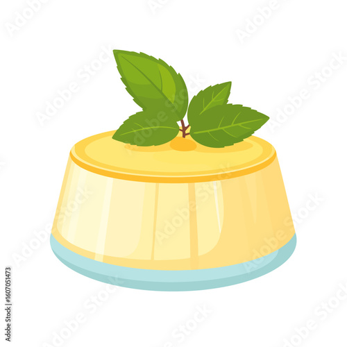 Creamy yellow pudding dessert with a fresh green mint sprig garnish. Vector illustration of a sweet custard or flan.