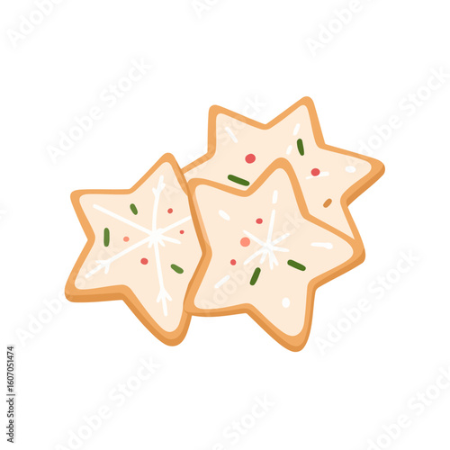 Trio of star-shaped Christmas cookies with white snowflake icing and festive red and green sprinkles.
