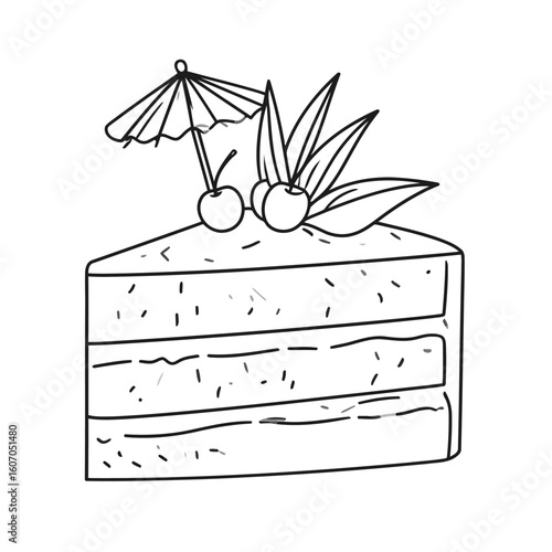 A festive slice of layered cake with cherries and a cocktail umbrella, depicted in a simple black and white line art style.