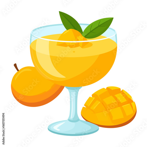 Fresh mango mousse dessert in a stemmed glass, garnished with leaves and served with whole and sliced mango fruit.