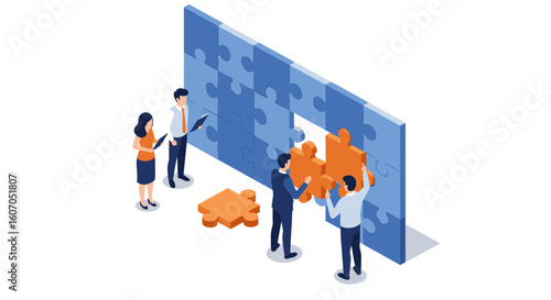 Business team collaborating to solve puzzle for project success