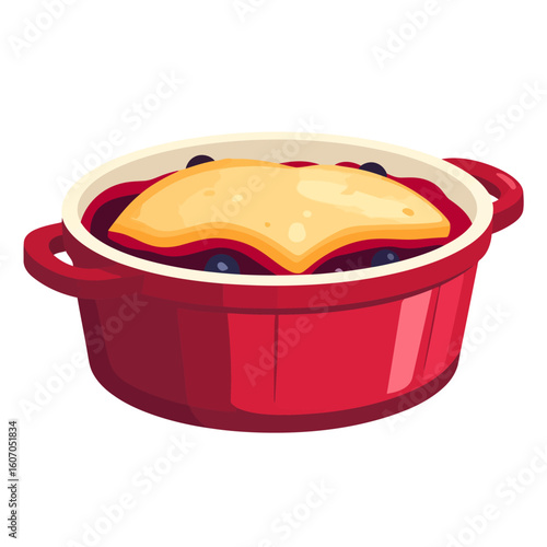 A warm blueberry cobbler with a golden pastry crust, served in a vibrant red ceramic baking dish.