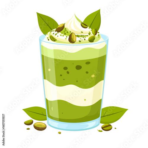 Layered matcha green tea parfait with whipped cream and pistachio nuts.