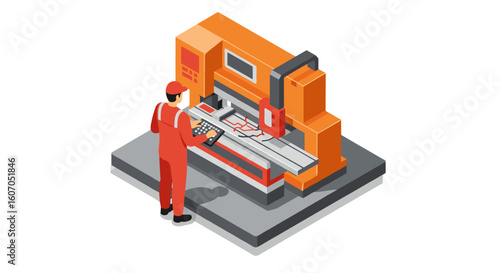 Isometric cnc machine operator in workshop setting with precision equi