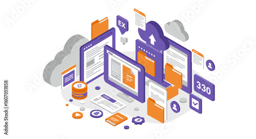 Isometric digital cloud storage concept with files and digital devices