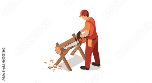 Isometric lumberjack sawing log with chainsaw in safety gear