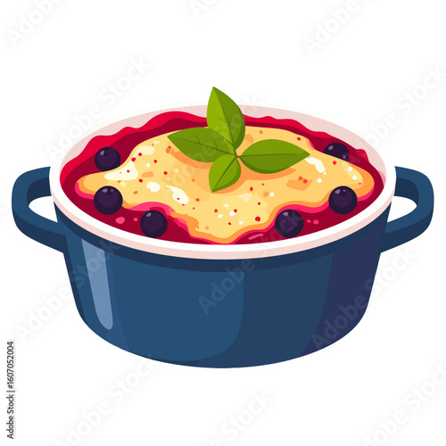 Baked berry crumble with a creamy topping and fresh basil, served in a blue cocotte.