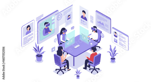 Isometric virtual reality meeting with avatars and digital interfaces