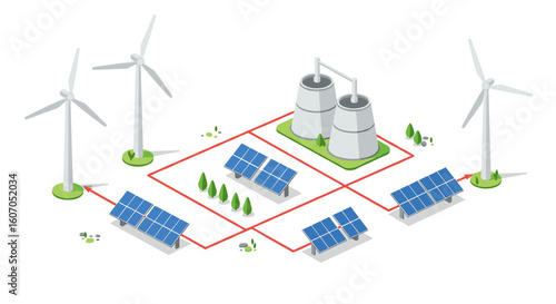 Renewable energy sources in isometric design featuring wind, solar, an