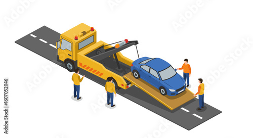 Isometric illustration of tow truck loading car on road with people