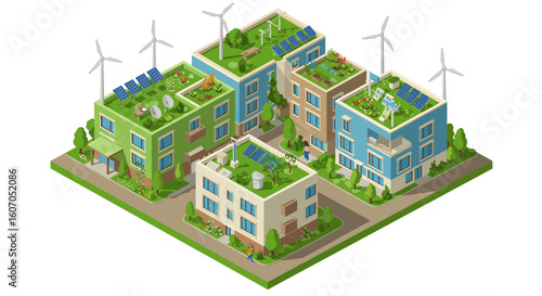 Sustainable urban living isometric design featuring eco-friendly apart
