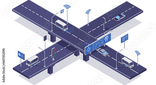 Isometric smart city roads with autonomous cars and digital traffic si