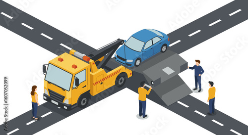 Isometric scene of tow truck assisting car at intersection accident