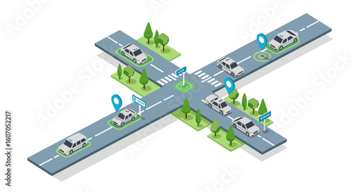 Isometric city intersection with self-driving cars and navigation mark