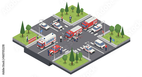 Isometric urban intersection with emergency vehicles and pedestrians