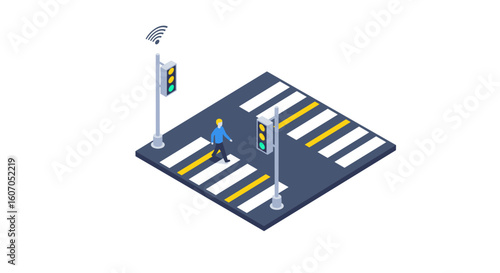 Isometric smart pedestrian crosswalk with traffic lights and wireless