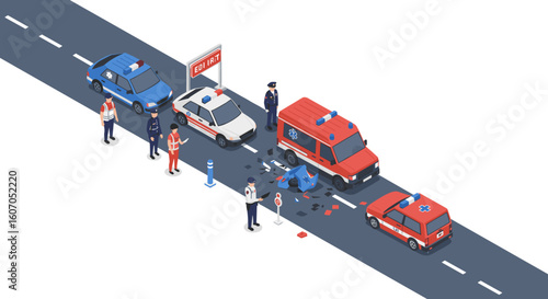 Isometric emergency scene with police and ambulance on roadside