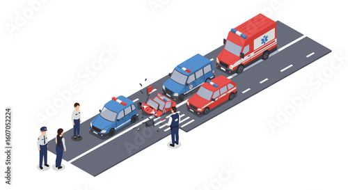Isometric urban traffic accident scene with emergency response on road