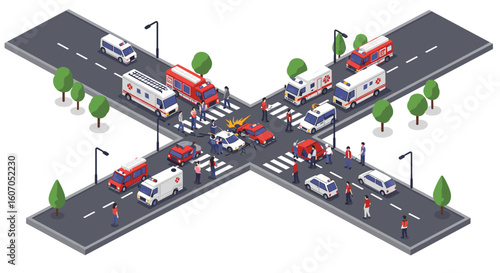 Isometric urban traffic accident scene with emergency response vehicle