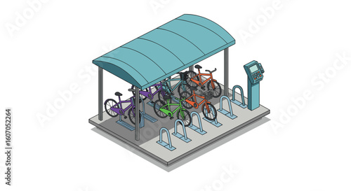 Modern isometric bicycle parking shelter with payment kiosk