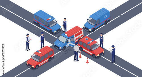Isometric city intersection with emergency response vehicles and perso