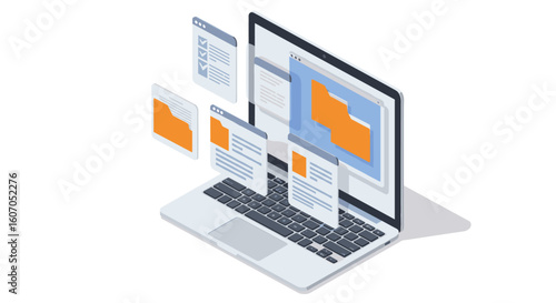 Wallpaper Mural Isometric laptop with floating folders and documents for digital organ Torontodigital.ca