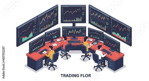 Isometric trading floor with multiple monitors in modern office setup