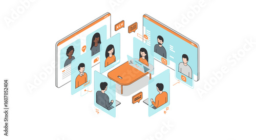 Virtual meeting in isometric style with diverse remote participants on