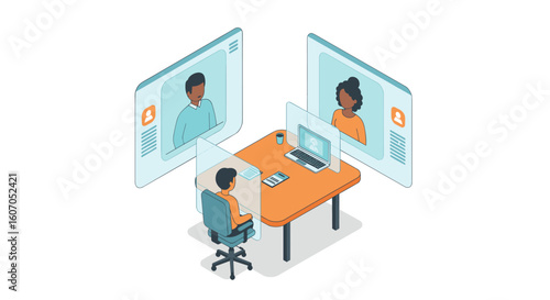 Virtual meeting concept with isometric design and digital interface el