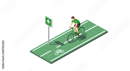 Isometric urban cyclist on green bike lane