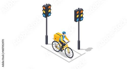 Urban cyclist crossing intersection with traffic lights in isometric d