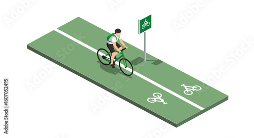 Cyclist riding on isometric bike path with signage