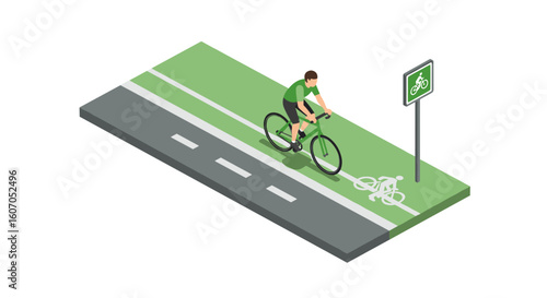 Isometric bicycle lane with cyclist and sign on green pathway