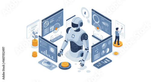 Futuristic ai robot data analysis in isometric design with interactive