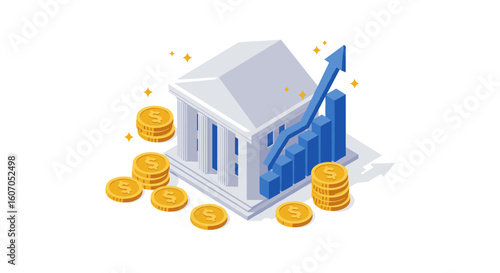Isometric bank building with coins and growing graph symbolizing finan