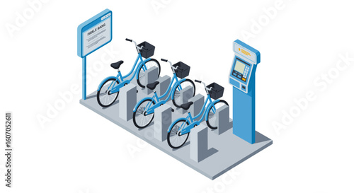 Automated bike rental station with payment kiosk in modern urban setti
