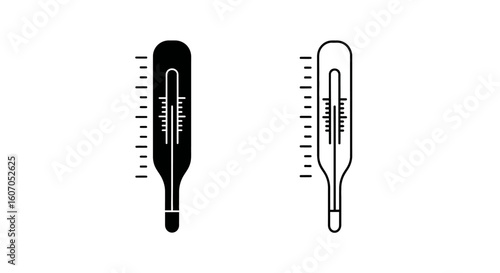 Two simple black and white illustrations of a mercury thermometer, showing a temperature reading.